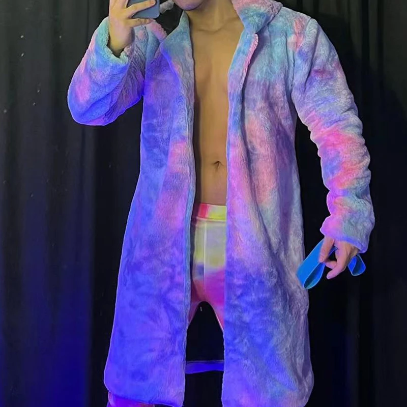 male salsa dancer outfit Male Long Fur Color Tie-dye Long Coat Leggings Festival Rave Outfit Gogo Costume Burning Man Nightclub Dj Ds Clothing XS3148 male ballet attire Stage & Dance Wear