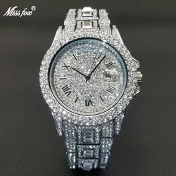 MISSFOX Hip Hop Diamond Men's Watches Luxury Silver Steel Quartz Watch Multifunction Week Display Auto Date Day Iced Out Clock