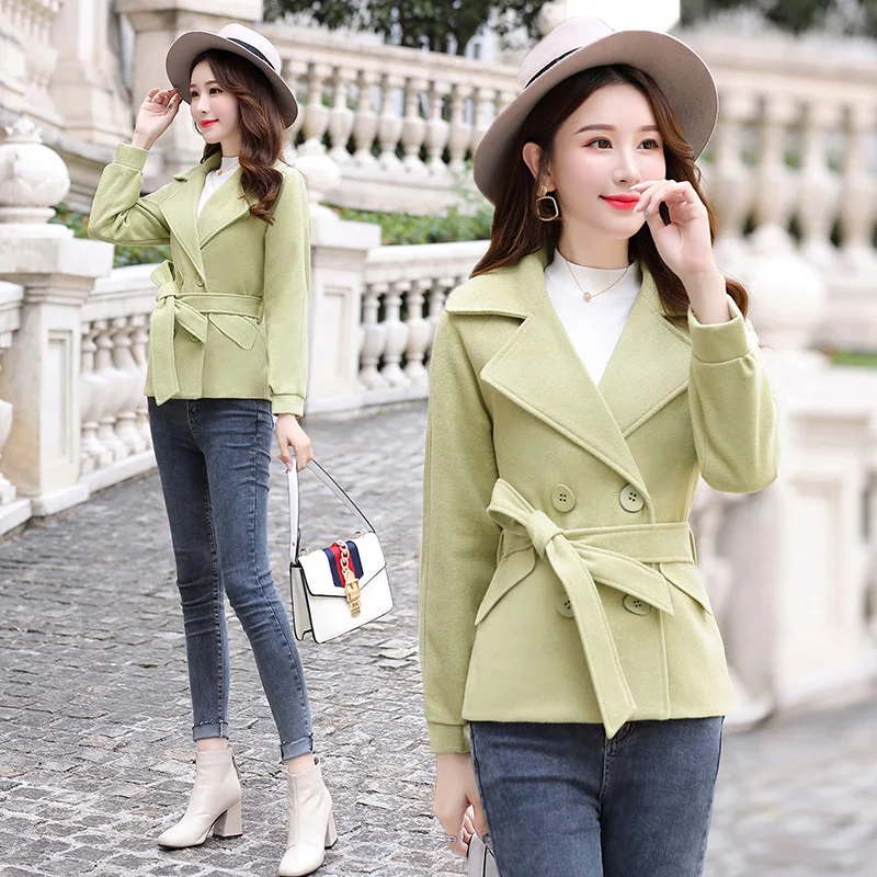 

2019 Winter Double Breasted Short Solid Color Versatile Fashion Woolen Jacket