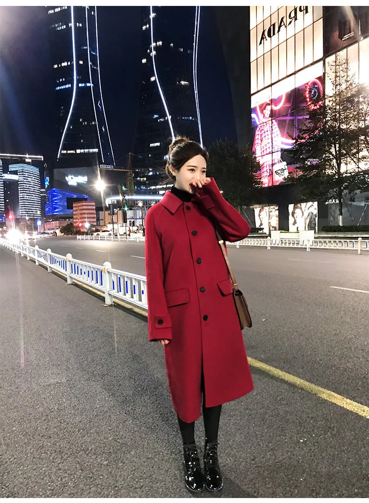 Off Season Woolen Jacket Women's Mid-length Korean-style Autumn And Winter New Style over-the-Knee Loose-Fit Hepburn Woolen