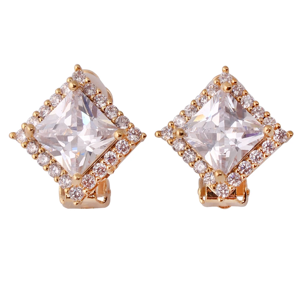 GRACE JUN Circle Square Flower Clip on Earrings No Pierced Luxury Fashion Bride Wedding Cubic Zircon No Hole Earrings 16 Colors