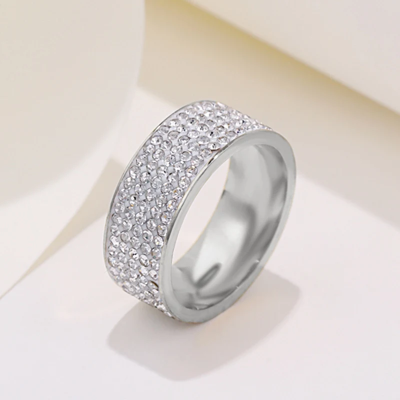 8mm Women's Full Rhinestone Shiny Wide Rings Stainless Steel Gold Silver Color for Men Hiphop Fashion Jewelry for Party WC029 gold color rings stainless steel ring finger ring gold color ring silver ring adjustable rings jewelry accessories