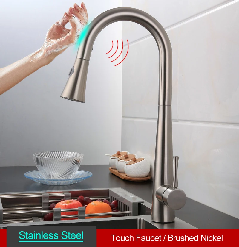 Brushed Nickel Смеситель для кухонной раковины с Индукционным датчиком, кран с гибким потоком, кран с креплением на палубе, кран из никеля и нержавеющей стали - Цвет: Brushed Nickel