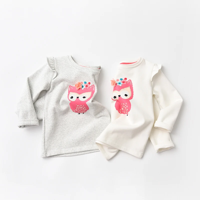 New Autumn Baby Girls Long-sleeved O-necked Flower Owl T-shirt Ruffles Shirt Cotton Children's Fly Long-sleeved T-shirt
