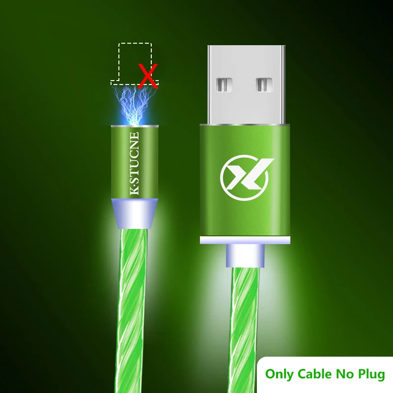 Green Cable No Plug Течёт светящийся Магнитный кабель Micro usb type C адаптер для зарядки телефона Micro usb type-C магнитное зарядное устройство usb c для iphone samsung - Тип штекера: Green Cable No Plug