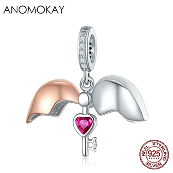 

Anomokay Creative 925 Sterling Silver Angle Wing Key Of Heart Bead Pendant fit Bracelet S925 Red Love CZ Pendant for DIY Jewelry