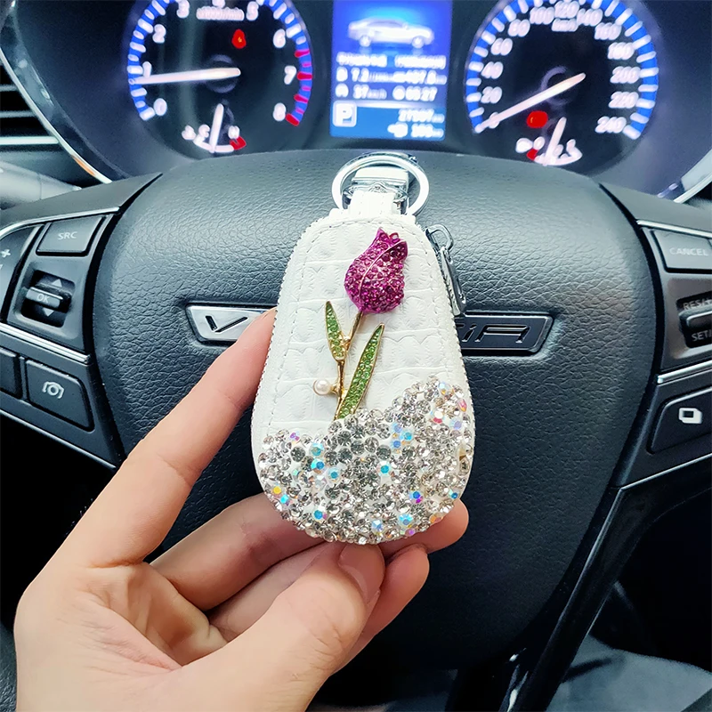 Car Key Chain 1 Pcs Flower Car Key Holder Storage Case Crystal Diamond Keychains Key Cover Remote Bag For BMW Lada Interior Accessories Key Case