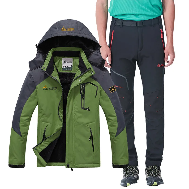 Мужской лыжный костюм, зимние толстые теплые ветрозащитные водонепроницаемые зимние куртки и штаны, для спорта на открытом воздухе, катания на лыжах, сноуборде, Мужская брендовая куртка - Цвет: Green   Gray
