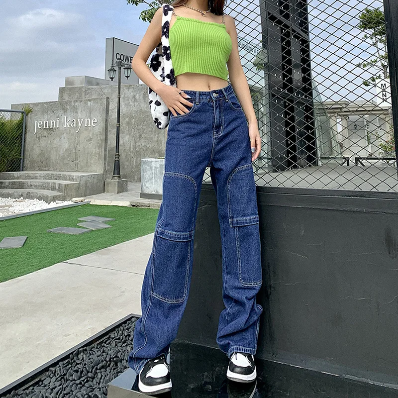 Street Fashion Mid Seam Splice Jeans Women Indie Aesthetics Mid Waist  Straight Pant 2021 Spring Autumn Vintage Y2k Trousers Blue|Jeans| -  AliExpress