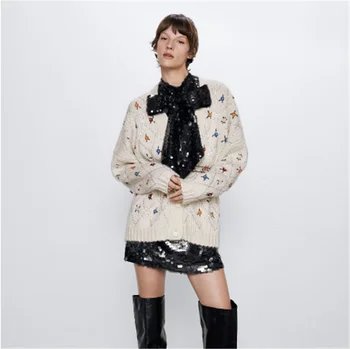 

2020 ZA Spring New Embroidered Sweater Fashion Cardigan Sweater Boho Women's Long Sleeve V-Neck Knit Sweater Gift Wholesale