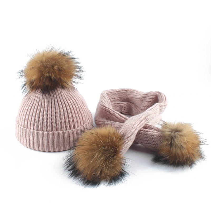 

New Fashion Baby Beanies kids Pompon Hat Set Girl Winter 3 Real Fur Pom Pom Hat Baby Boy Cap Warm Knitted Baby Cap 1-5 Years Hat