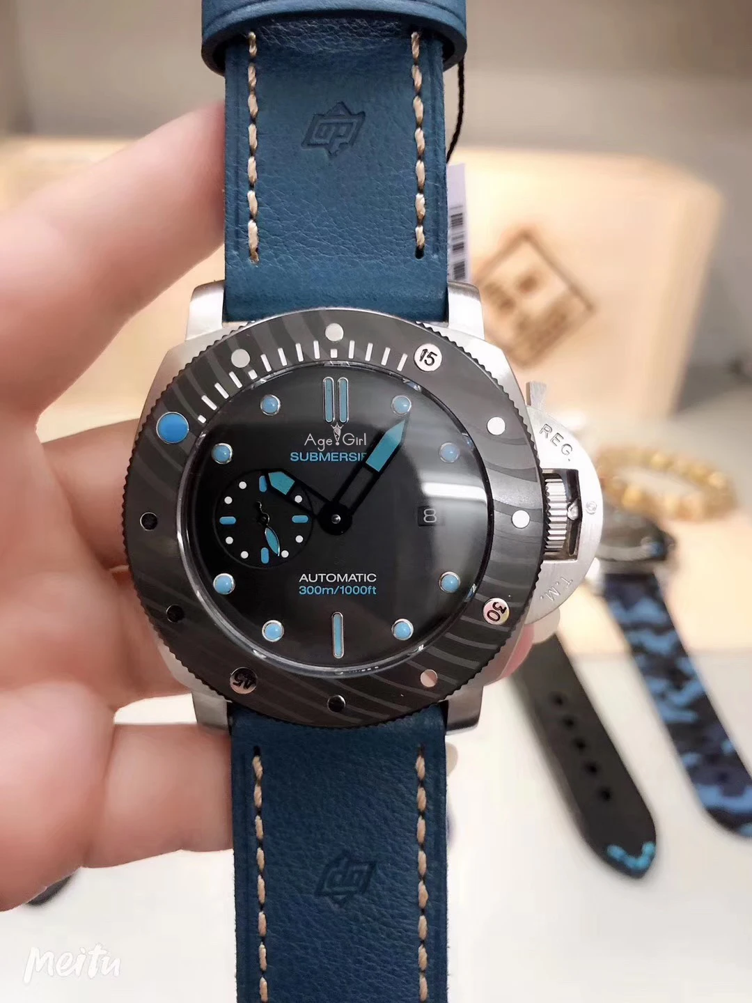 Leather BLue Роскошные брендовые Новые Мужские автоматические механические сапфировые часы из нержавеющей стали, серебристые черные кожаные резиновые керамические часы - Цвет: Leather BLue
