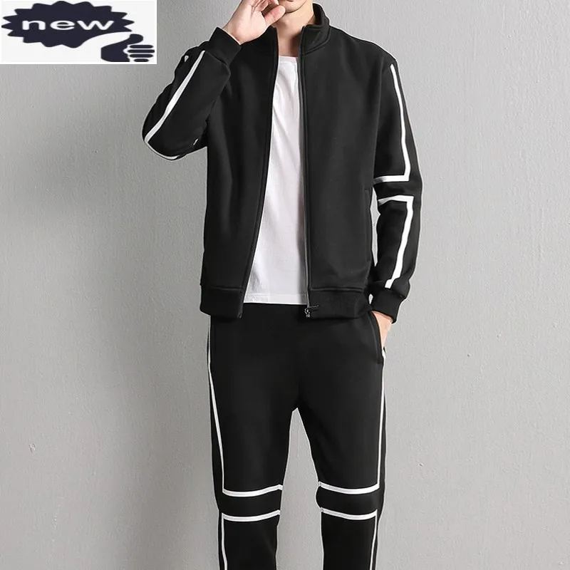 

Long Sleeve Zipper Stand Collar Sweatshirt Coats Drawstring Waist Full Length Pants Mens Sports Casual 2Pcs Outfits Plus Size