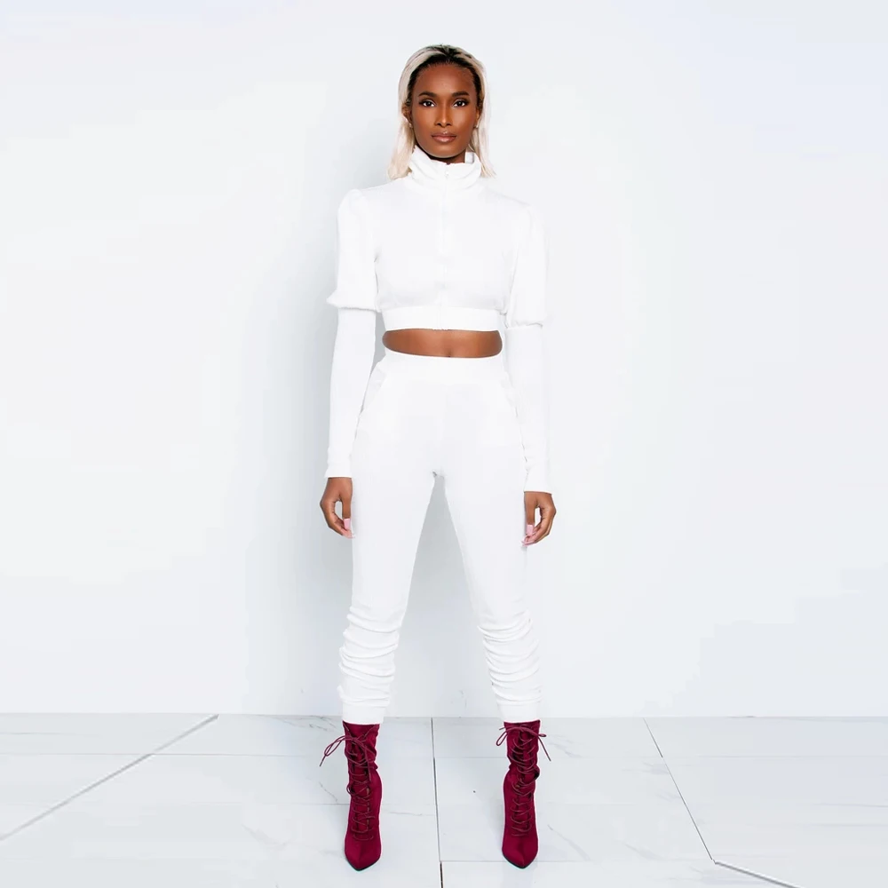 

KGFIGU 2020 New Arrival Zipper half high collar fashion long sleeve two piece set of solid color Tights Pants Set