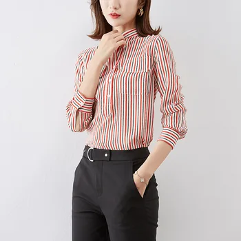 

Luxury Real Silk Blouse Women Striped Shirt Top 2020 New Elegant Office Lady Work Wear Camisas Long Sleeve Fashion Shirts Tops