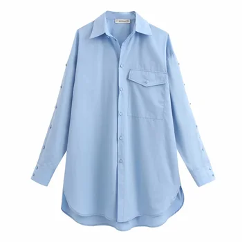 

ZA women's 2020 early spring new cotton workman's wear wind retro top button pocket decorated sky blue loose shirt