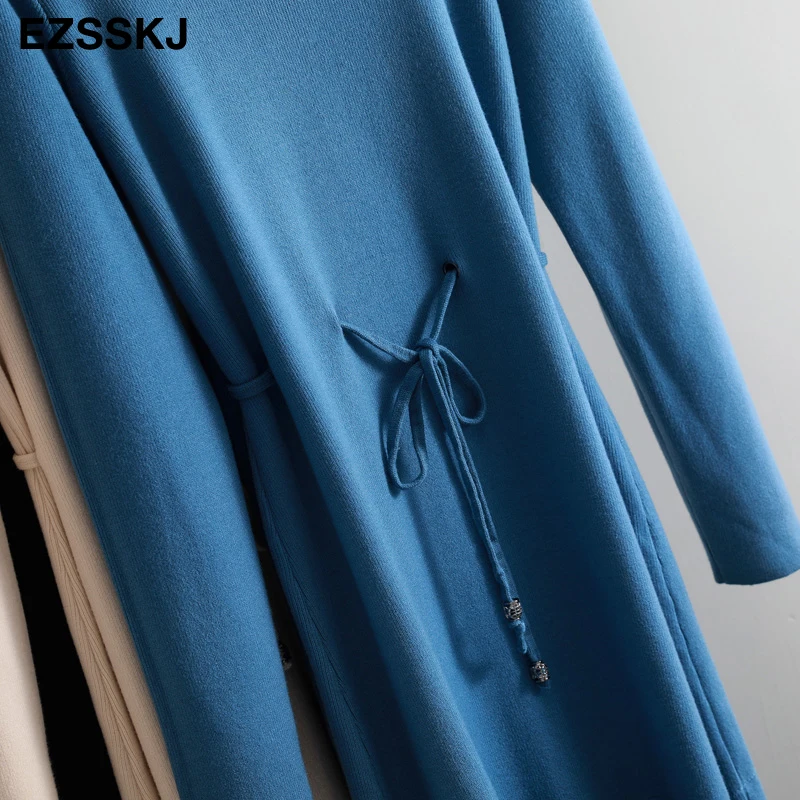 elegant O-neck loose long Thick Sweater dress women Autumn Winter lace Drawstring dress Femme Lace Up loose robe Knitted dress