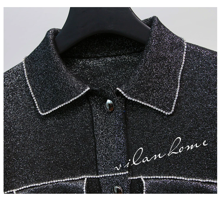 10.11 Autumn Winter New women diamonds turn-down collar single breasted long sleeve knitted sweaters pants two piece set