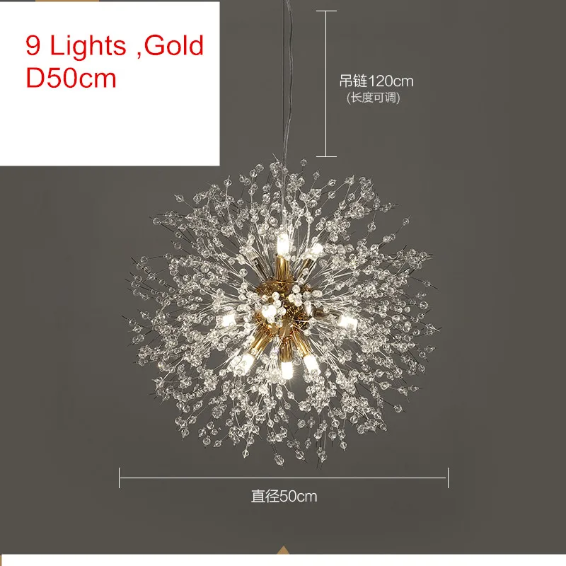 9lights Gold D50cm Скандинавские G9 хрустальные Led люстры Лофт серебро/золото фейерверк кулон Потолочный подвесной светильник светильники для гостиной магазин - Цвет абажура: 9lights Gold D50cm