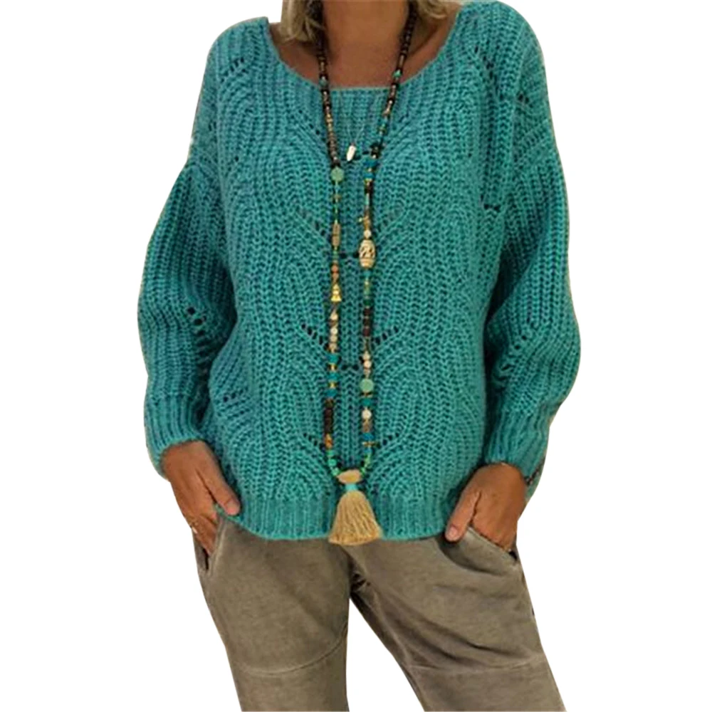 SFIT Повседневный Свободный вязаный пуловер Женский Осенний Однотонный свитер джемпер Pull Femme с круглым вырезом вязаный минималистичный топ размера плюс XL - Цвет: Lake Green