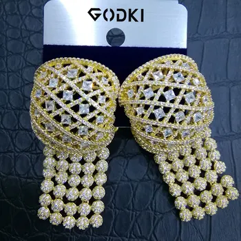 

GODKI Luxury 3 Tone Geometry Tassel Drop Cubic Zircon Statement Hoop Earrings For Women Wedding DUBAI Bridal Hoop Earring 2019