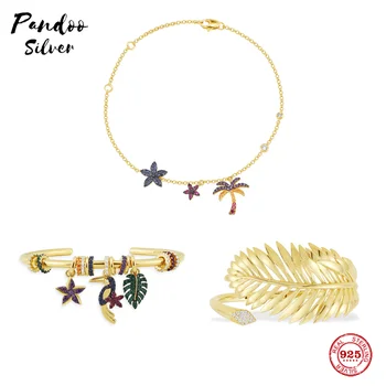 

S925 Sterling Silver Jewelry 1:1 Copy,Collection TROPICANA,Palm Leaf Open Cuff,Multicolor Tropical Open Cuff With Logo