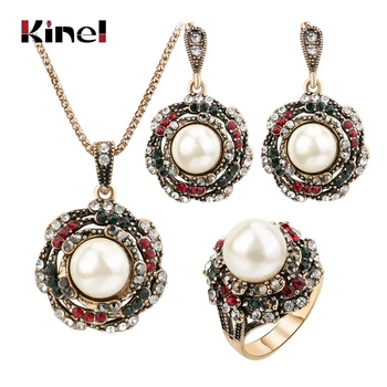 Kinel 3Pcs Vintage Imitation Pearls Jewelry Sets For Women Antique Gold Crystal Wedding Necklace Earrings Ring Turkish Jewelry