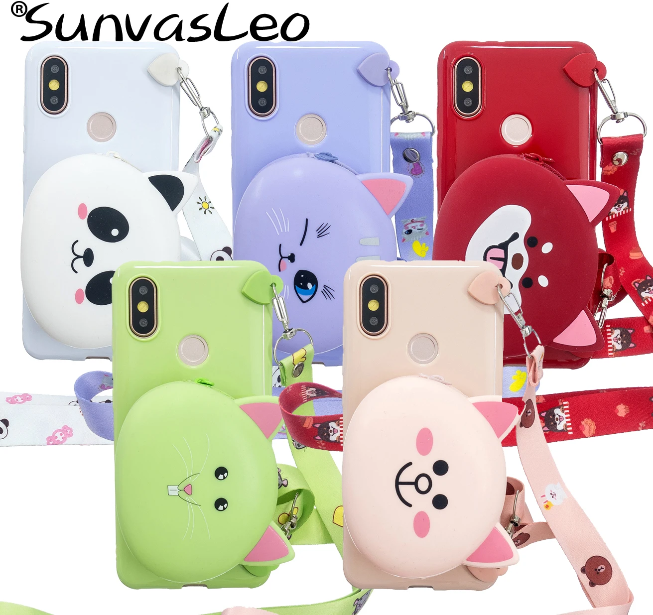 

For Xiaomi A2 Lite 3D Cartoon Animal Soft Silicone Purse Case Wallet Back Cover With Strap Chain Bag Coforful Candy Glossy TPU