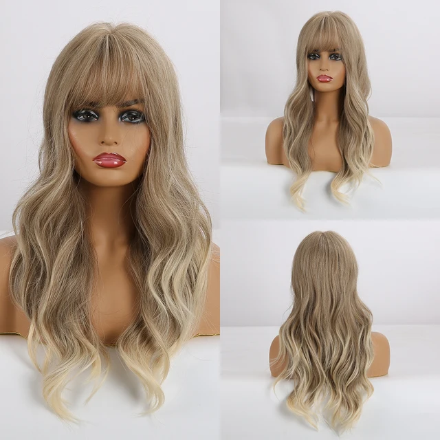 EASIHAIR Long Dark Brown Women's Wigs with Bangs Water Wave Heat Resistant Synthetic Wigs for Black Women African American Hair LC226-1