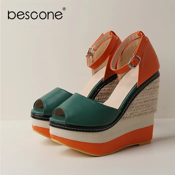 

BESCONE Novel Women Sandals Peep Toe Wedges Super High Ankle Buckle Strap High Quality Western Style Shoes Stylish Sandals BO554