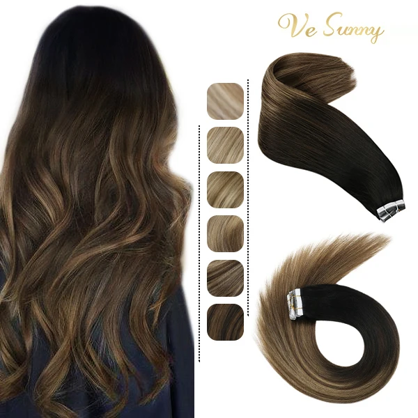 VeSunny-Cinta en extensiones de cabello humano Real, Rubio Invisible, 50g, máquina sin costuras, piel Remy, trama de pegamento marrón en el cabello