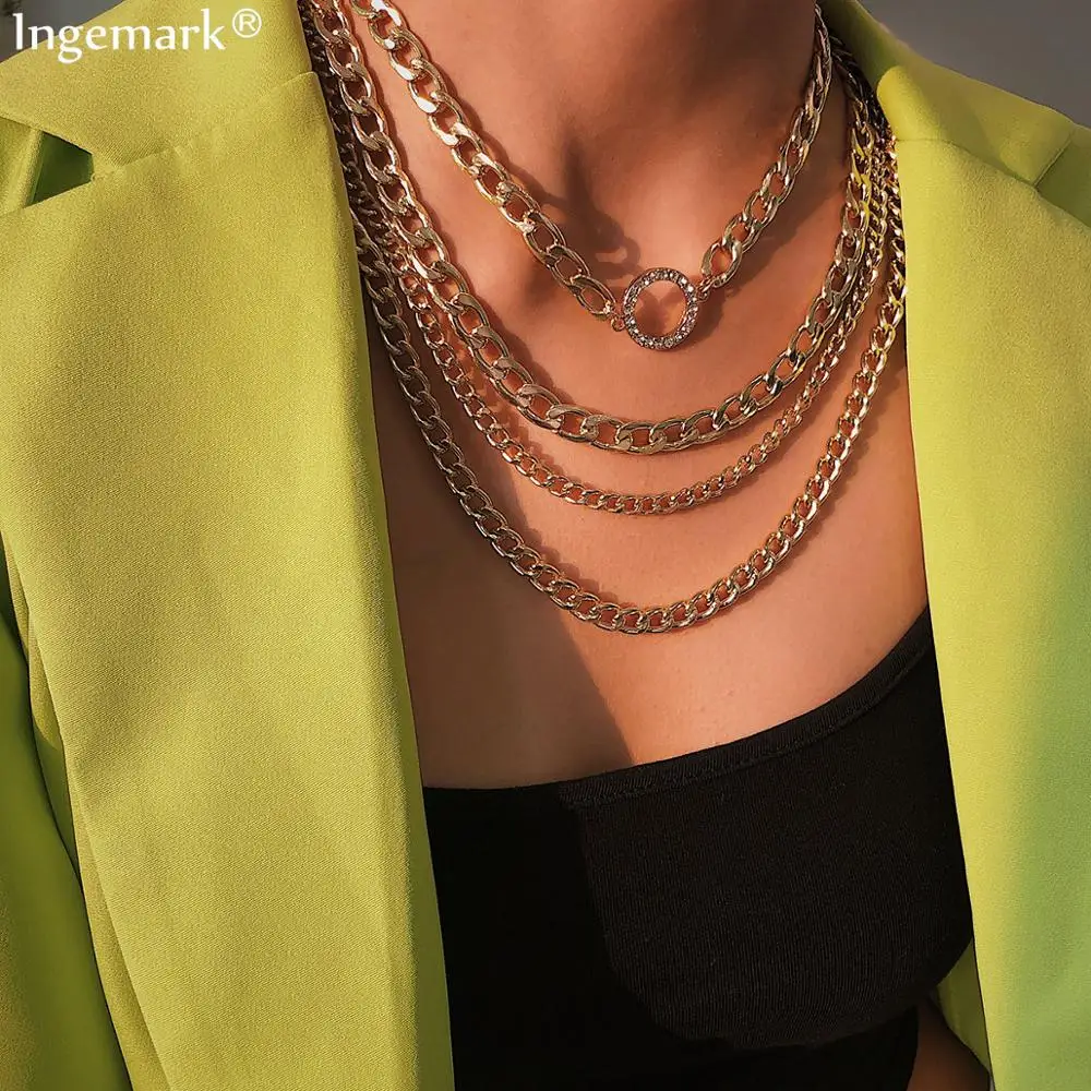 

Exaggerated Chunky Chain Choker Necklace Collar Statement Punk Multi Layer Crystal Circle Pendant Chain Necklace Women Jewelry