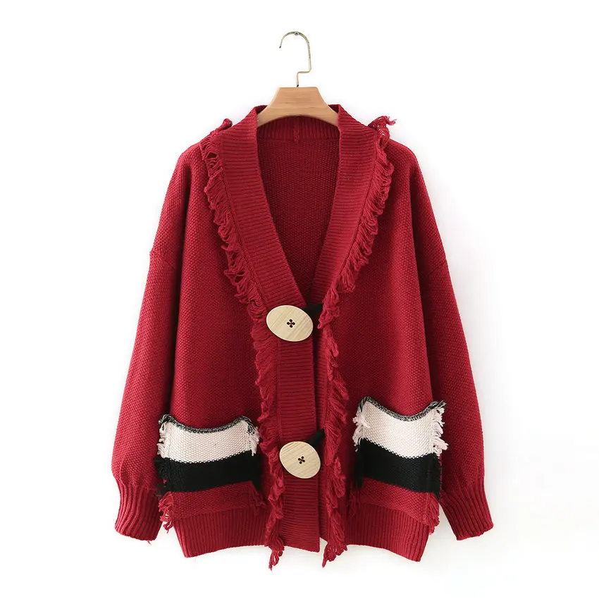 

Winter Autumn Personality Big Botton Tassels Design Cardigan Oversize Sweater Women Red White Low Button Knitwear Cozy Coat 2020