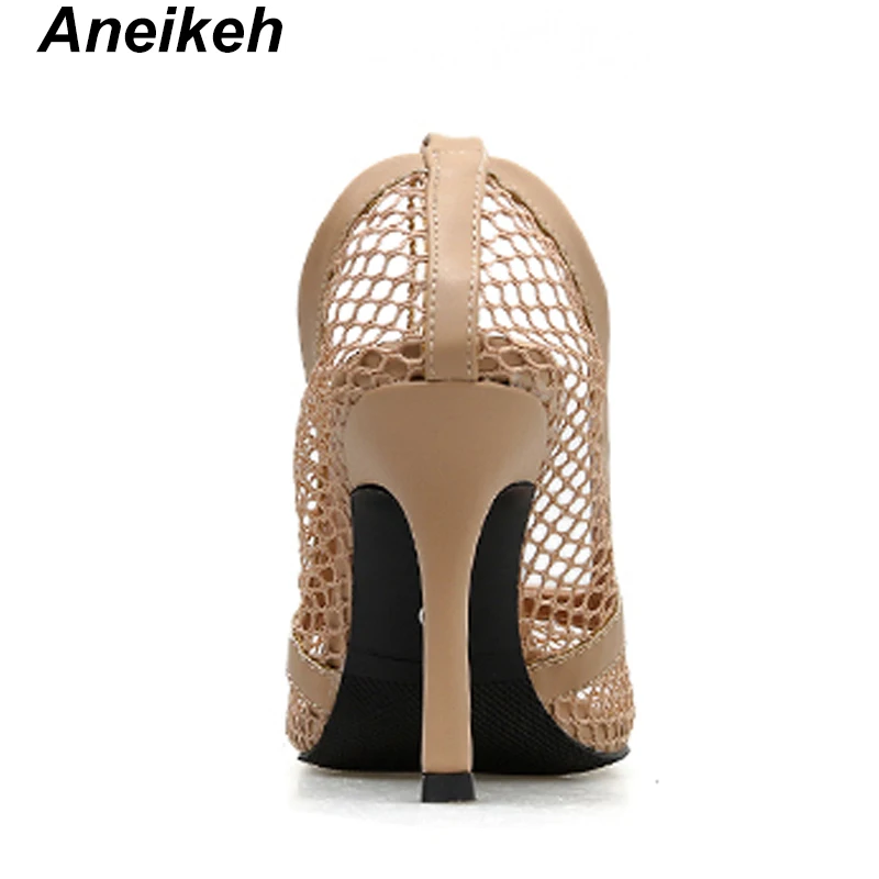 Aneikeh NEW Shoes Women Square Toe Hollow Out Mesh Pumps High Heels Ankle Chain Decor Summer Shoes Black Sexy Slip On Pumps