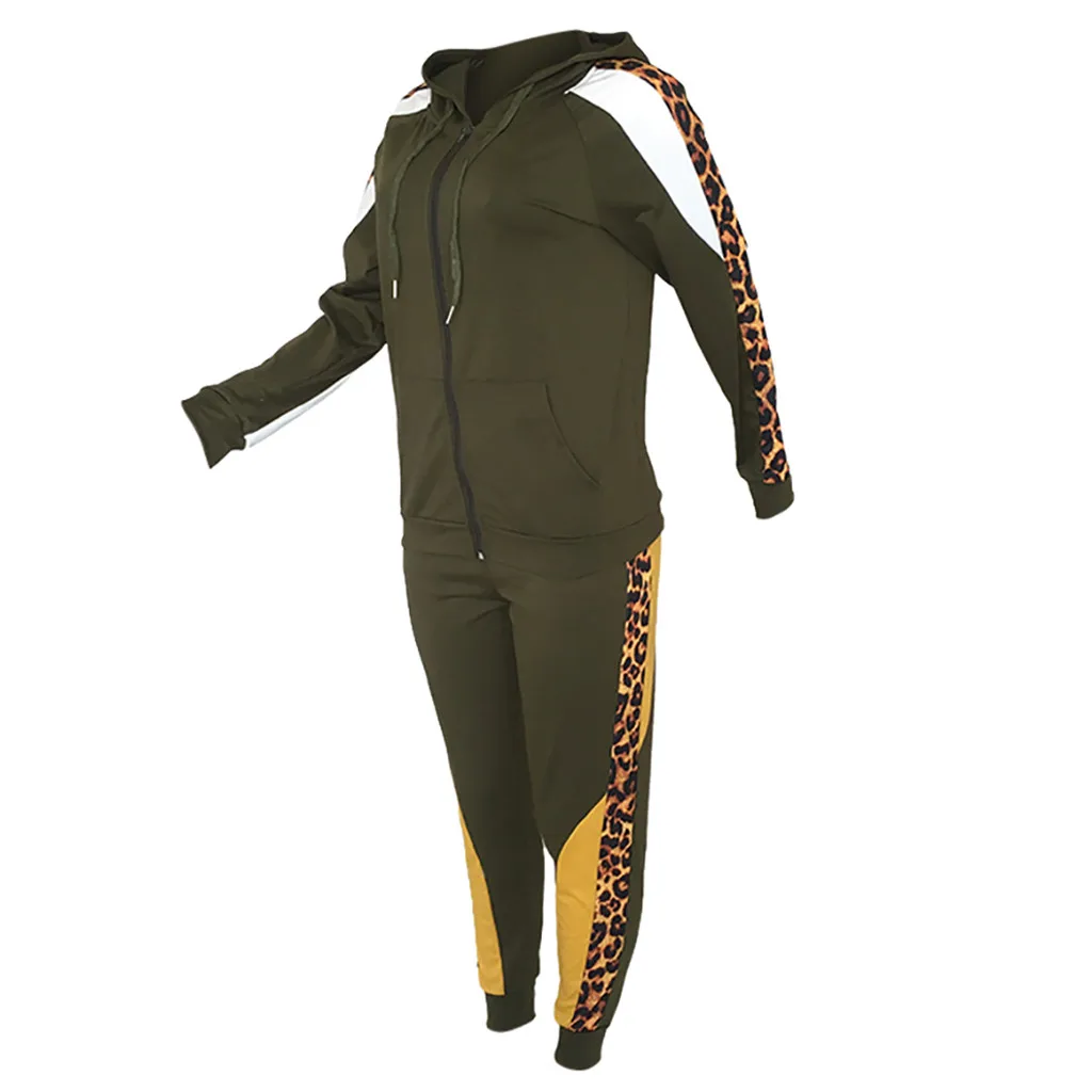 womens tracksuit autumn winter Womens Leopard Print Long Sleeve And Pants Casual Hooded Zipper Set#D