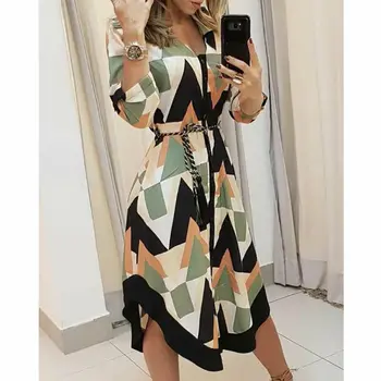 

Autumn Women's Fashion Dresses Ladies Wave Print V-neck Long Sleeve Casual Holiday Keen Length Dress