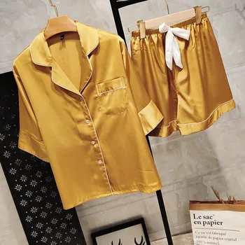 

Women 2PCS Yellow Pajamas Suit Summer Ice Silk Nightwear Turn-down Collar Shirt&Short Sleepwear Lounge Home Clothes With Pocket
