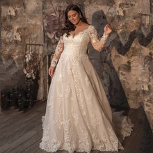 

Vestidos De Novia Long Sleeve Plus Size Wedding Dress O-Neck Robes De Mariage Appliques Tulle Hochzeitskleid Sexy Bridal Gowns