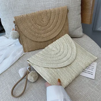 

Simple Straw Circular Square Women Shoulder Bag Handmade Woven Bohemian Handbag Summer Beach Lady Wicker Tote Phone Bag Handbag