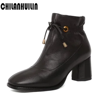 

classic boots retro fashion soft leather ankle boots for women thick high heels short boots woman fashion lace-up black red shoe