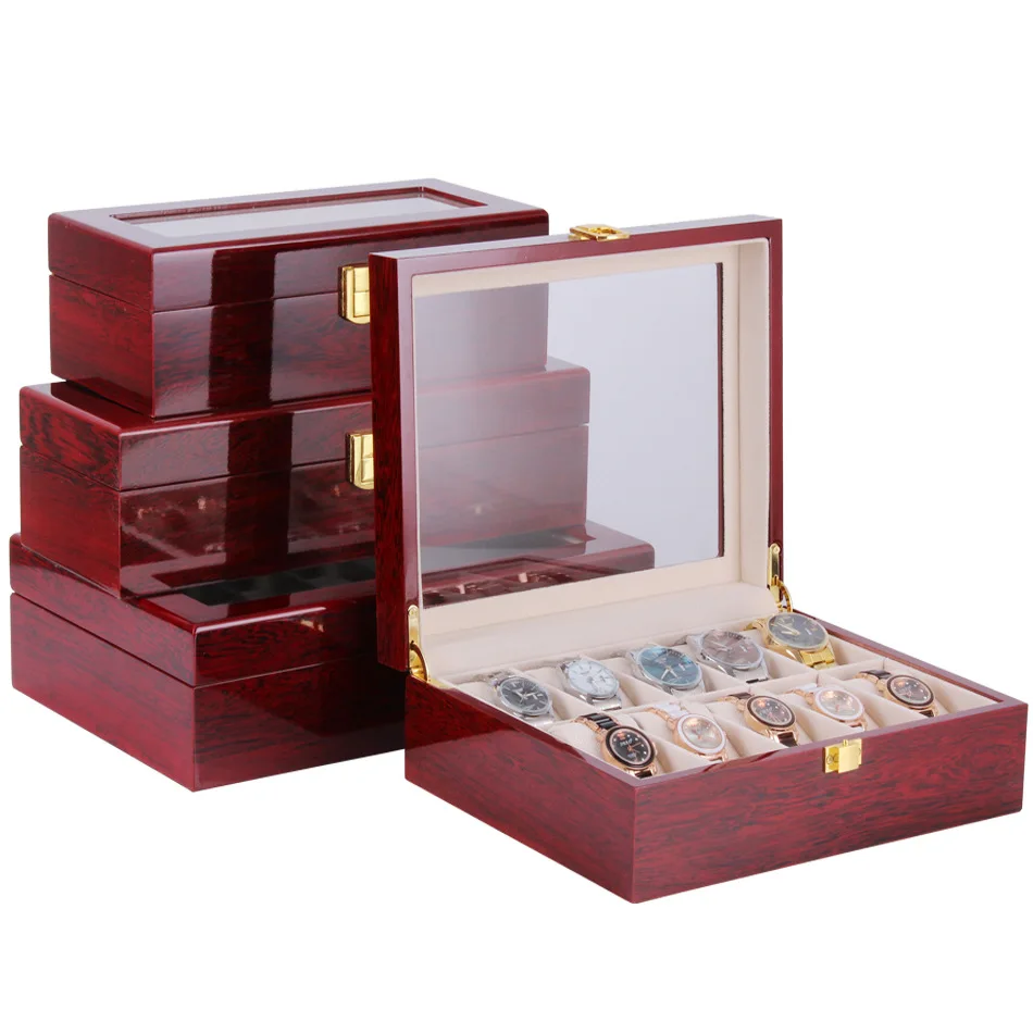 

2/3/5/6/10/12 Slots Watch Box wooden watch case Watch Display Case Storage Organizer Large Glass Top Collector Storage Box Case