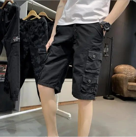 Мужские шорты горячая Распродажа летние модные многокарманные хлопковые однотонные шорты Мужская Верхняя одежда повседневные эластичные свободные до колен