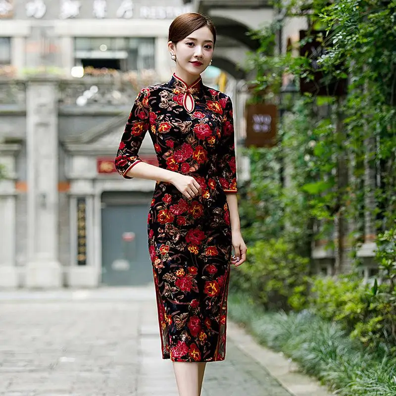 Пикантные женские велюровые Cheongsam Весна китайский стиль воротник стойка до колена платье Qipao женские тонкие Вечерние платья Vestido - Цвет: 19218