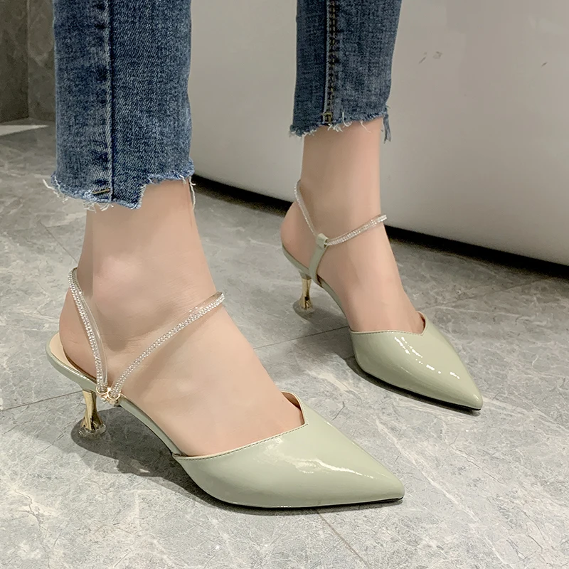 

Patent Leather High Heel Sandals Summer Women Shoes V Mouth Pointed Toe Back Strap Metal Heel Female Shoes Party Women Sandals