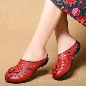 

ZIMNAFR Summer New Genuine Leather Ethnic-Style Slipper Women Retro Handmade Flower Closed-toe Sandals Flat Plus Size Mom Shoes