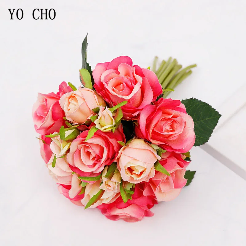 

YO CHO 18 Heads Rose Bouquet Artificial Silk Flowers Fake Rose Bridal Wedding Bouquet Bridesmaid Flower Girl Party Home Decor