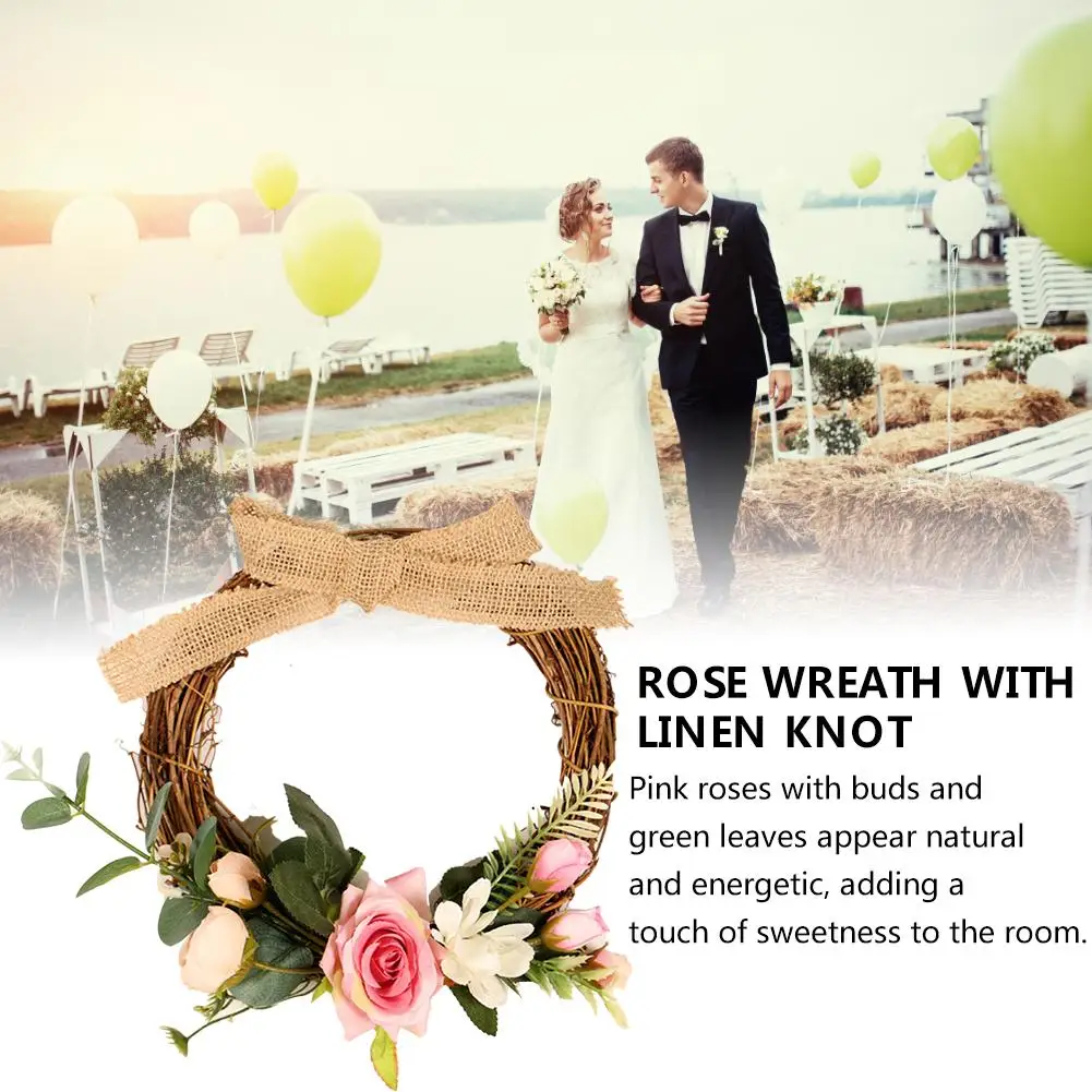 

Burlap Knot Rose Flower Wreath Valentine's Day Wedding Home Camellia Decoration Handmade Rattan Ring Spring Fresh Decoration