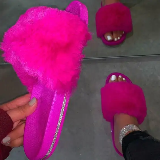 

Women 2020 Spring Indoor Home Furry Slippers Warm Casual Comfortable Slippers Outdoor Wild Non-slip Slippers Beach Candy Color