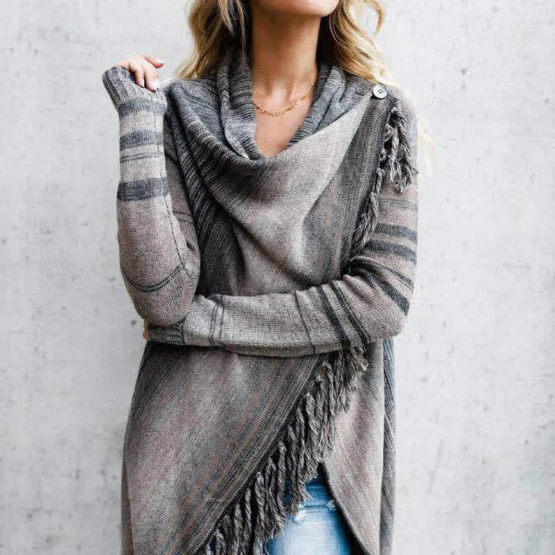 

Womens Ponchoes Capes Sweater Spring And Autumn Fashion Pull Pullover Cardigan Striped Casual Cape Tassel Sweater Pullovers Tops