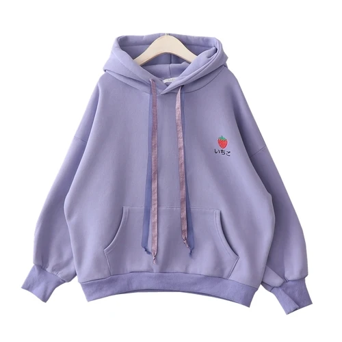 purple Neploe Harajuku Милая толстовка женская зимняя с вышивкой клубники Флисовая теплая толстовка с капюшоном пуловер толстовки 56619 - Цвет: purple